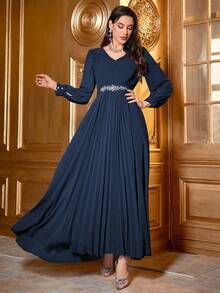 女士优雅钻石装饰褶皱连衣裙，春秋长袖正式晚会舞会婚礼宾客礼服，适合毕业典礼、晚宴派对礼服 - 藍色 - 查看 7