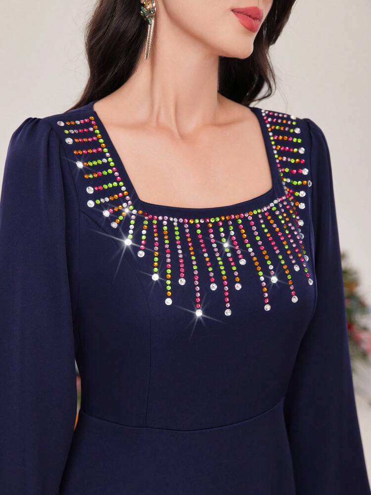 Jeweled Bell Sleeve A-Line Dress With Square Neck And Waist Belt, Elegant Evening Party Dress Long Evening Dresses Fall Cloth For Women