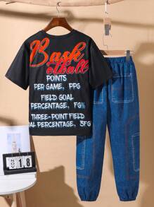 2入組少年男孩休閒街頭風格寬鬆印花短袖針織T恤和超巨牛仔紋織製褲子 - 彩色 - 查看 2