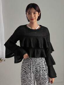 FRIFUL Ladies' Perspective Double Layer Ruffle Hem T-Shirt Long Sleeve Women Tops