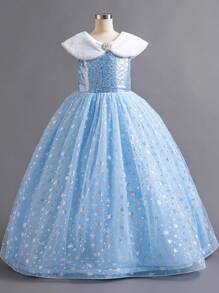 SHEIN 少女可爱蓬松雪花印花网眼芭蕾舞裙公主裙，适合生日派对、庆典、表演、婚礼 - 藍色 - 查看 4