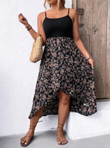 SHEIN LUNE Plus Size Floral Patchwork Wrap V-Neck Spaghetti Strap Dress Maxi Women Outfit