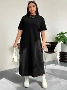 Muchica Plus Size Round Neck Short Sleeve T-Shirt Dress  Black Women Dresses - Black - View 2