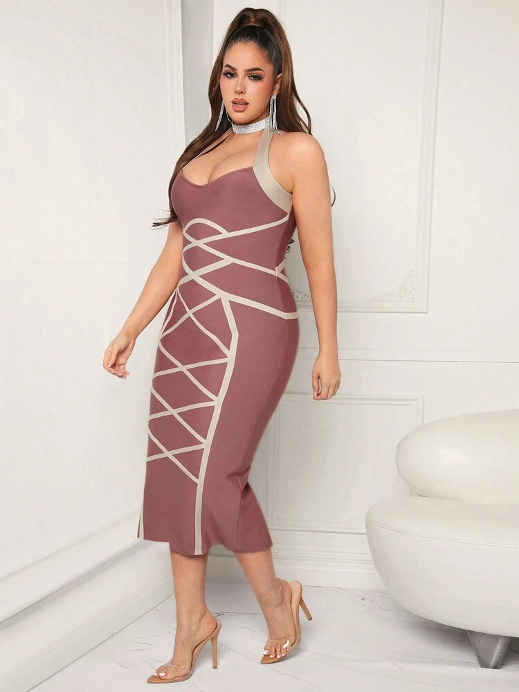 Plus Size Spring Summer Sexy Outfits Colorblock Halter Bandage Bodycon Dress