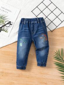 Baby Boys' Elastic Cuffed Stretch Denim Jeans With Dinosaur Embroidery, Light Blue Wash - Keskipesu - Näytä 1