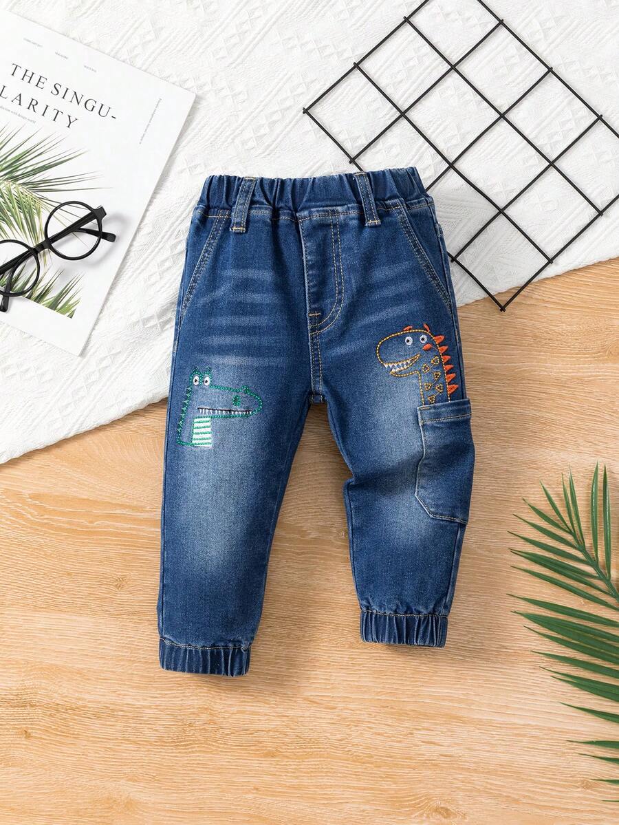 Baby Boys' Elastic Cuffed Stretch Denim Jeans With Dinosaur Embroidery, Light Blue Wash - Keskipesu - Näytä 1