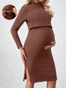 SHEIN Maternity Nursing Knitted Dress - Brown - View 1