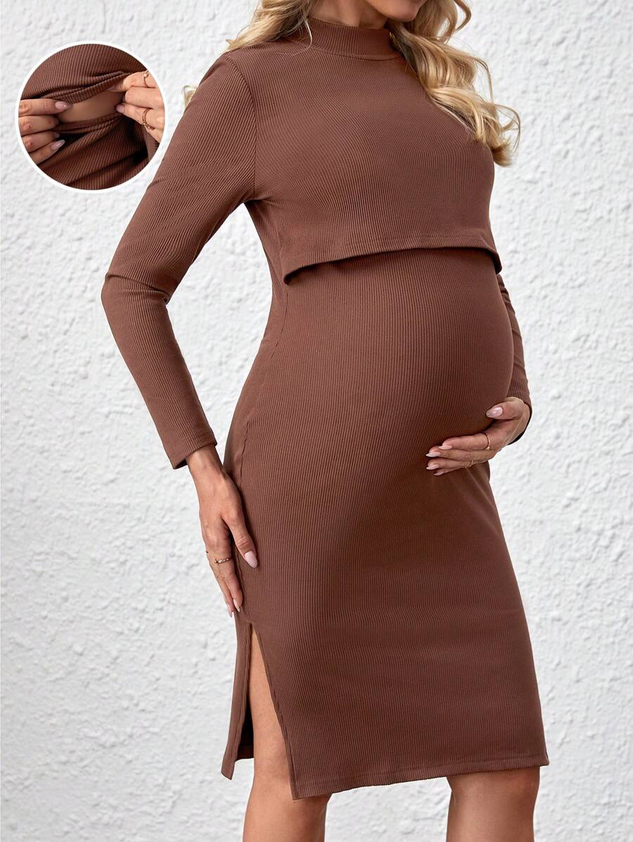 SHEIN Maternity Nursing Knitted Dress - Brown - View 1