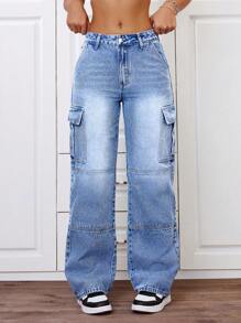 SHEIN ICON 水洗貨運牛仔褲 - 中等水洗藍 - 查看 4