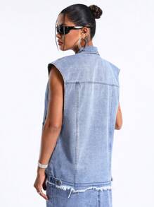 SHEIN BAE Denim Jacket With Frayed Lapels - Blue - View 2