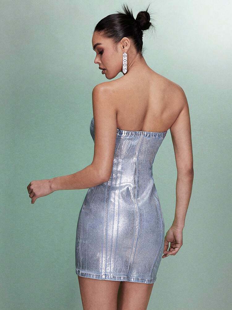 Metallic Sexy Party Tube Top Denim Dress&Festival Outfits&Music Festival