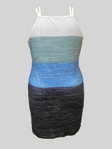 Vestido Sem Mangas Com Alças Para Mulheres Plus Size, Vestido Com Bloco De Cor E Estampa De Árvore De Coco - Azul - Ver 2