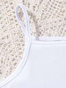 SHEIN Young Girl's Four-Piece Set With Denim Effect: Knitted White Tank Top, Hat, Vest, Shorts