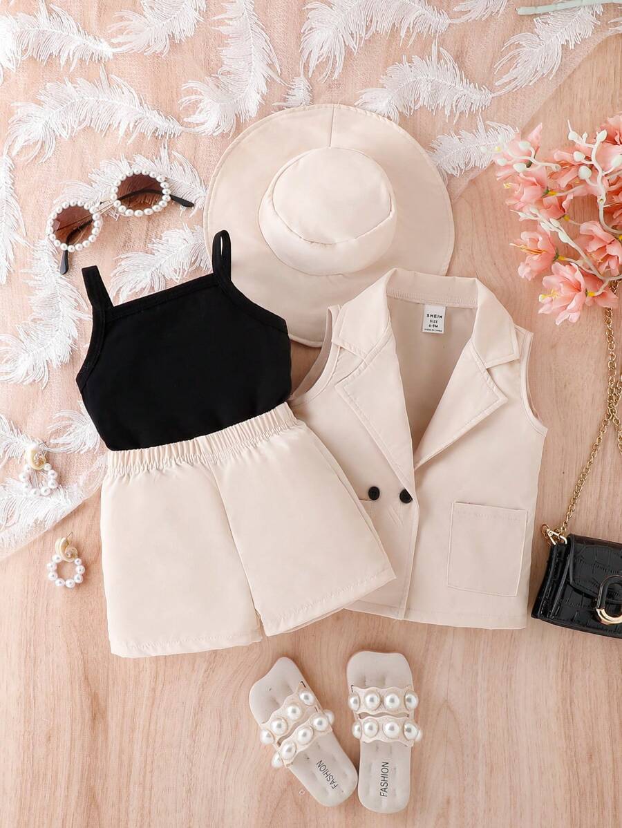 Baby Girl Spaghetti Strap Tank Top, Sleeveless Jacket And Shorts Set