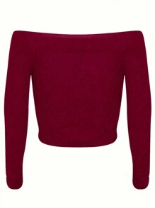 SHEIN EZwear 加大號露肩肋紋針織衫 - 酒紅色 - 查看 2