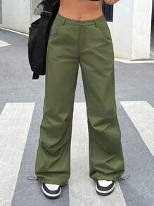 SHEIN EZwear Pantalón Verde De Pierna Ancha Tejido Con Bolsillos Inclinados Y Un Estilo Relajado - Verde - Ver 1