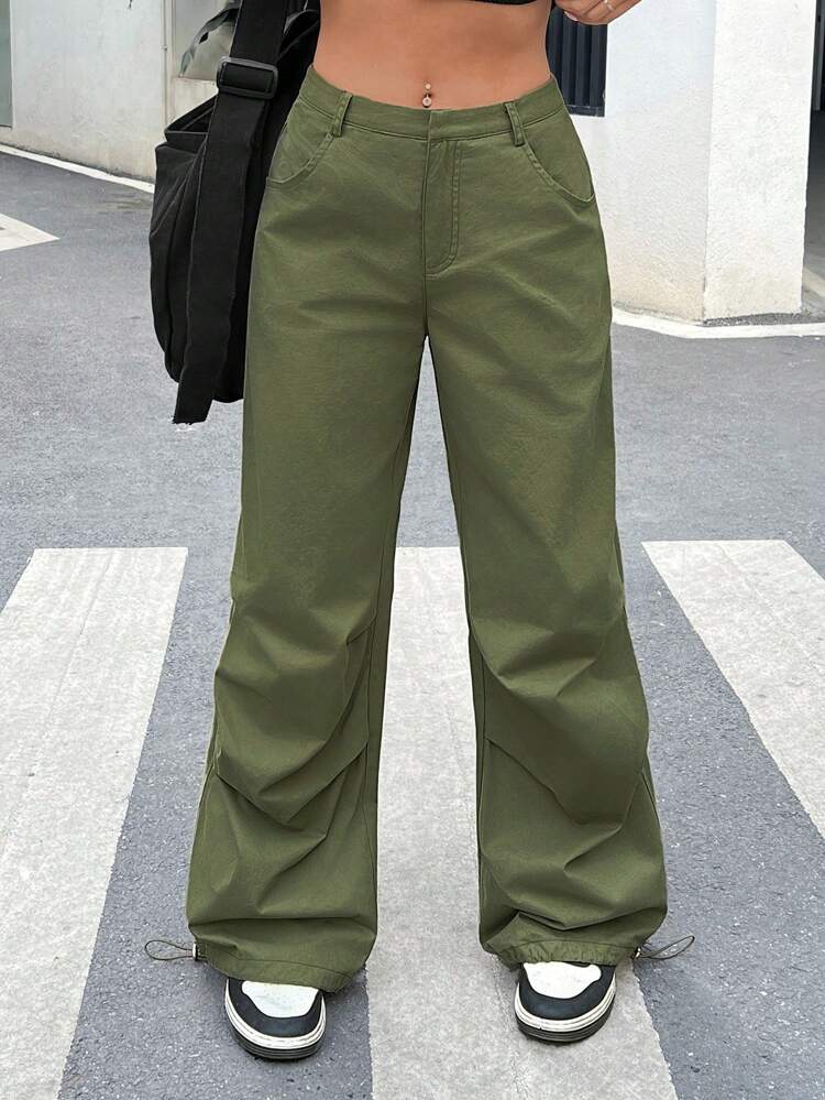 Green Woven Relaxed Wide-Leg Pants With Slanted Pockets