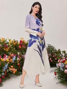 Mulvari Damen Gradient Blumen Muster Kleid Mit Kerb Kragen
