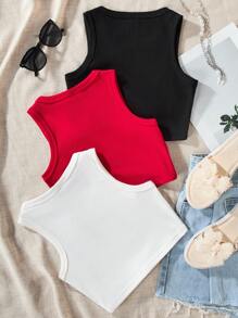 SHEIN Elladie kids Tween Girl Street Fashion Black-White-Red Rhinestone Embellished Tank Top Summer Holiday - Multicolor - View 2