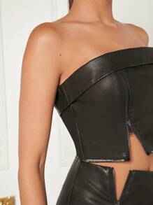 Hauture Zipped Leather Tube Top And Skirt Two Pieces Set - Black - View 5