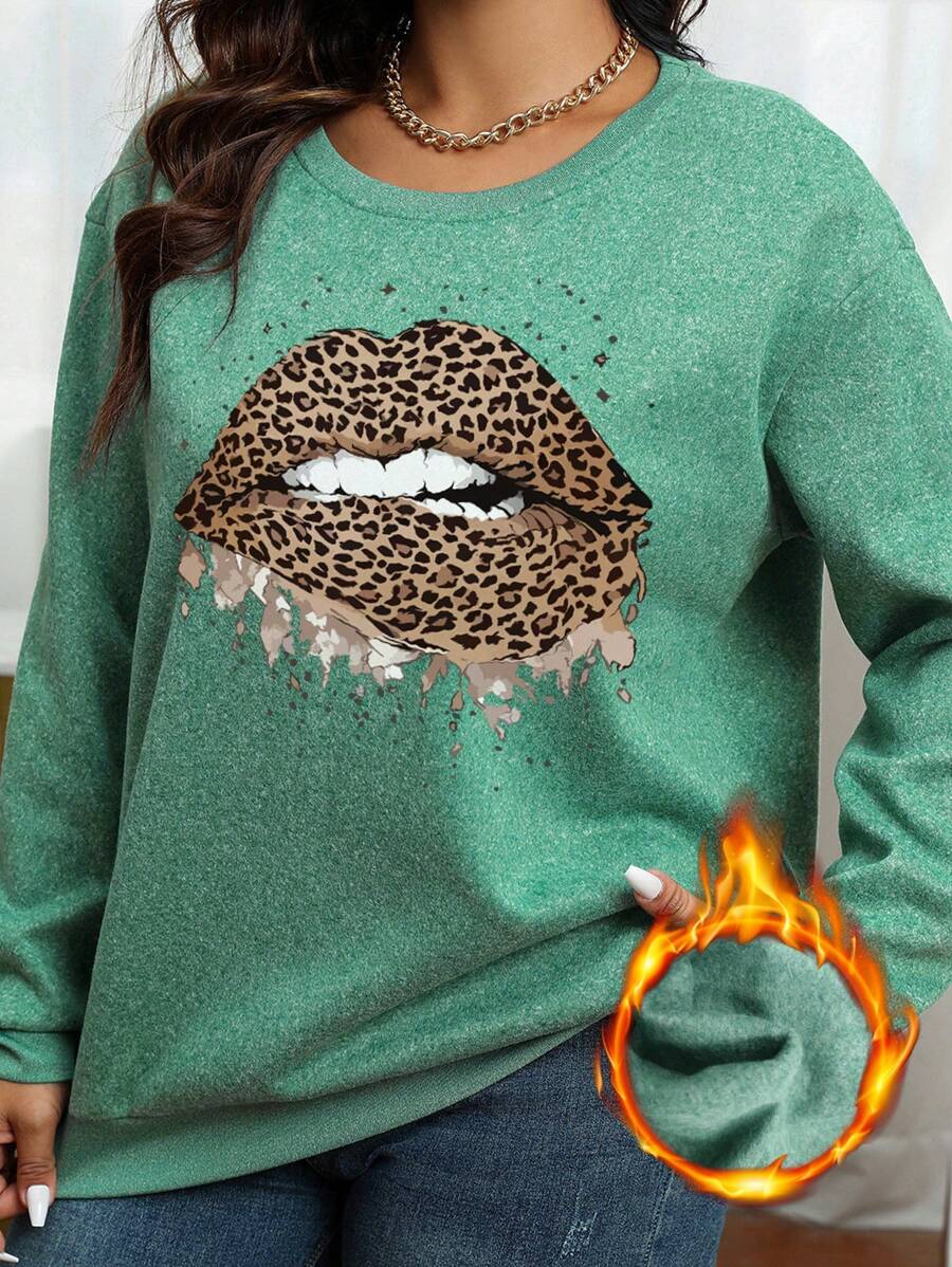 Flirla Sudadera Con Cuello Redondo Y Diseño De Estampado De Leopardo Y Labios Para Mujer De Talla Grande - Verde - Ver 1