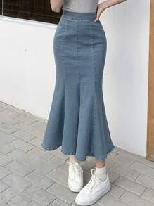 DAZY 女式開衩牛仔美人魚裙 - 中等水洗藍 - 查看 3