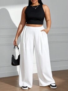 SHEIN EZwear Kích thước lớn Màu thuần Eo cao Quần ống rộng - trắng - Xem 1