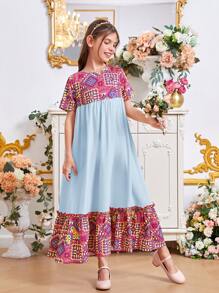 SHEIN Leap Crew Tween Girls' Geometric Print Spliced Solid Color Short Sleeve Dress With Ruffle Hem For Loose Beach Wear - Baby Blue - View 4