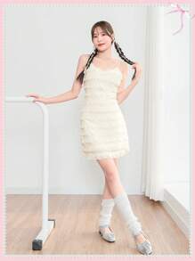 SHEINNeu Summer Dress Balletcore Bow Ruffle Lace Trim Light Yellow Ruffle Cami Dress Birthday Women Outfits - Yellow - View 3