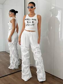 SHEIN ICON Solid Drawstring Waist Pleated Pockets White Cargo Pants - White - View 2