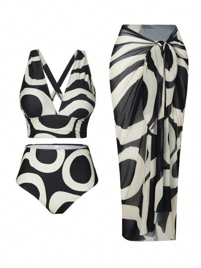 Swim Oasis Summer Beach Plus Size Random Print Swimwear Set, Bathing Suit Beach Outfit Vacay Vibe