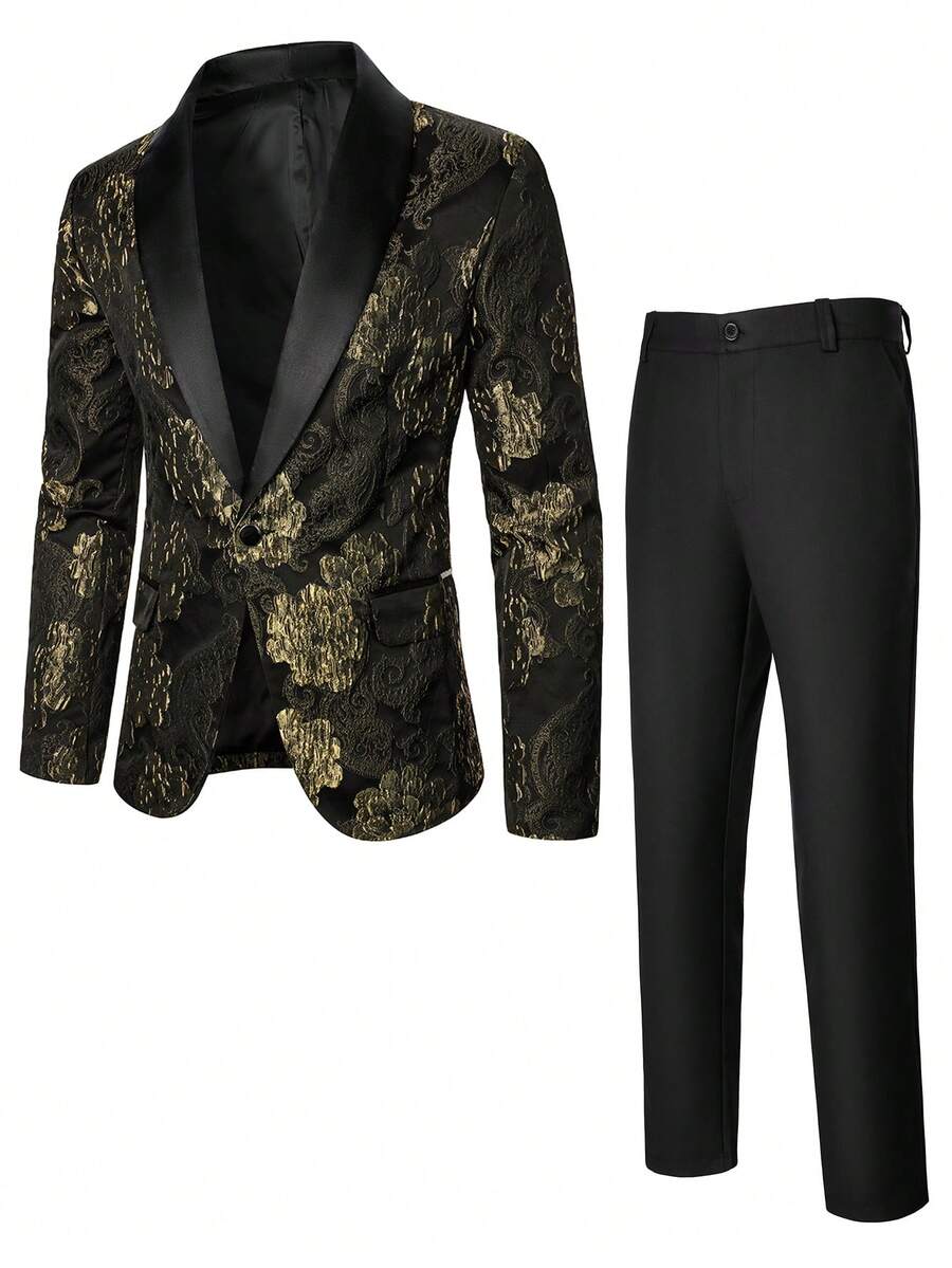 Manfinity AFTRDRK Floral Jacquard Shawl Collar Long Sleeve Suit Jacket And Pants Set For Men - Gold - View 1