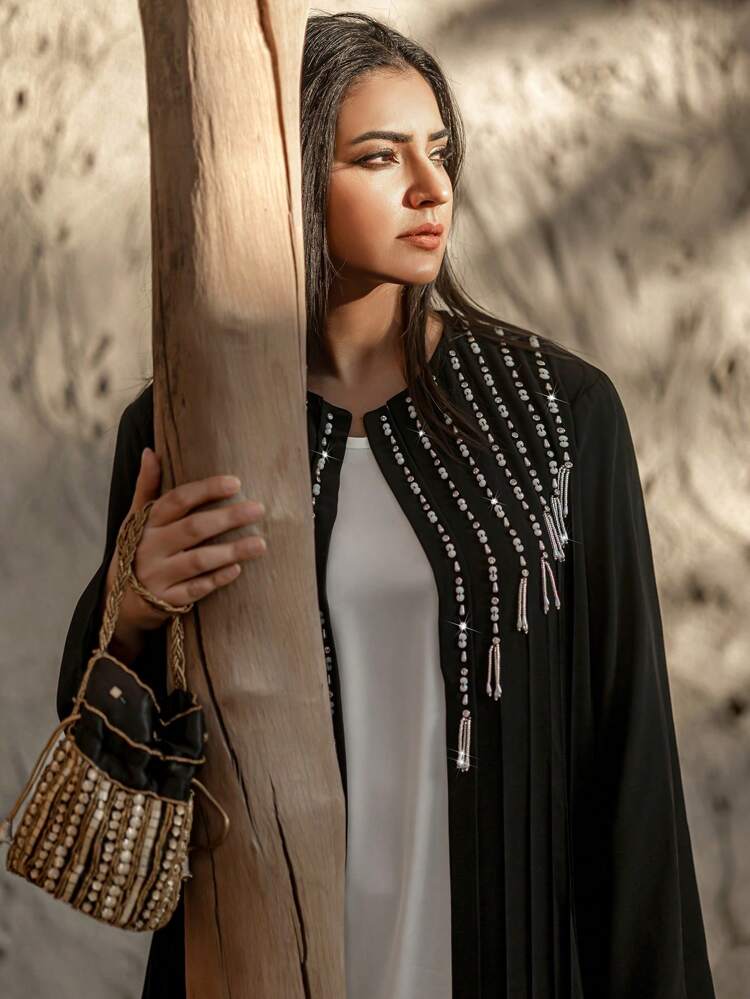 Women's Heavy Beaded Elegant Long Maxi Length Robe Abaya, Muslim Fashion Abaya For Casual/Festival/Gathering/Travel