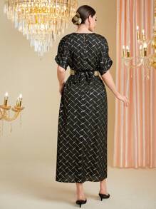 Divindia 金色格紋花紋長/短袖中長裙