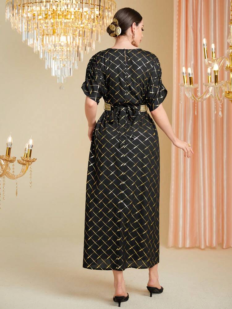 Vestido Midi De Manga Larga Y Corta Con Patrón Dorado A Cuadros