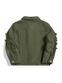 SHEIN Young Boys' Distressed Button Front Denim Jacket - Army Green - View 2