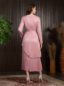Modelyn Round Neck Long Sleeve Double Layer Pleated Hem Dress Long Evening Dresses - Pink - View 2