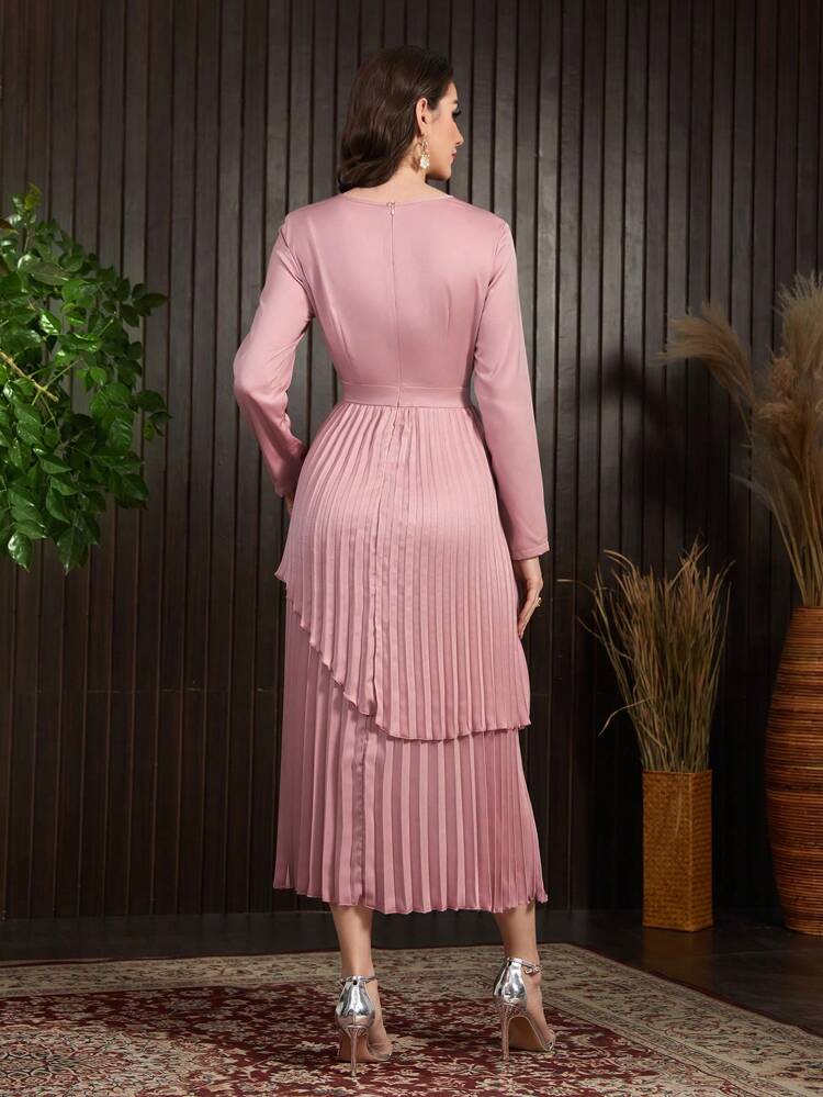 Round Neck Long Sleeve Double Layer Pleated Hem Dress Long Evening Dresses