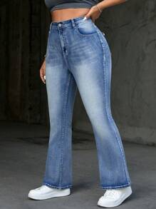 SHEIN EZwear Calça Jeans Elástica Azul Com Estampa Para Tamanhos Grandes, Boca De Sino Para Férias Na Praia E Uso Casual