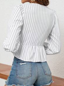 SHEIN VCAY Women's Striped Lace Trimmed Waistline Blouse - Blue and White - View 2