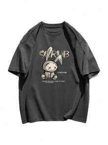 全新春夏女式独特设计兔子图案印花圆领休闲百搭青少年短袖 T 恤 - 深灰色 - 查看 3