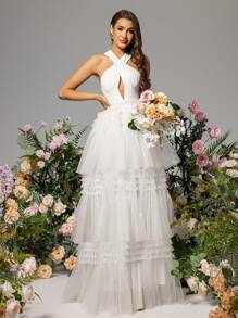 LOVE&LEMONADE Cross Halter Multi-Layer Tulle Hem Sleeveless Wedding Dress - White - View 3