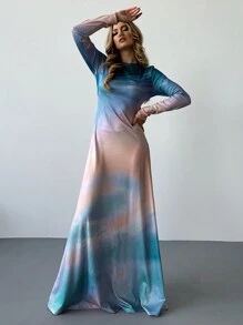 SHEIN Privé Của phụ nữ Bóng Tay áo dài Đầm - Màu xanh lam - Xem 6