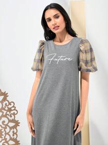 Seusyu 女性字母印花拼接格紋阿巴亞長袍連衣裙