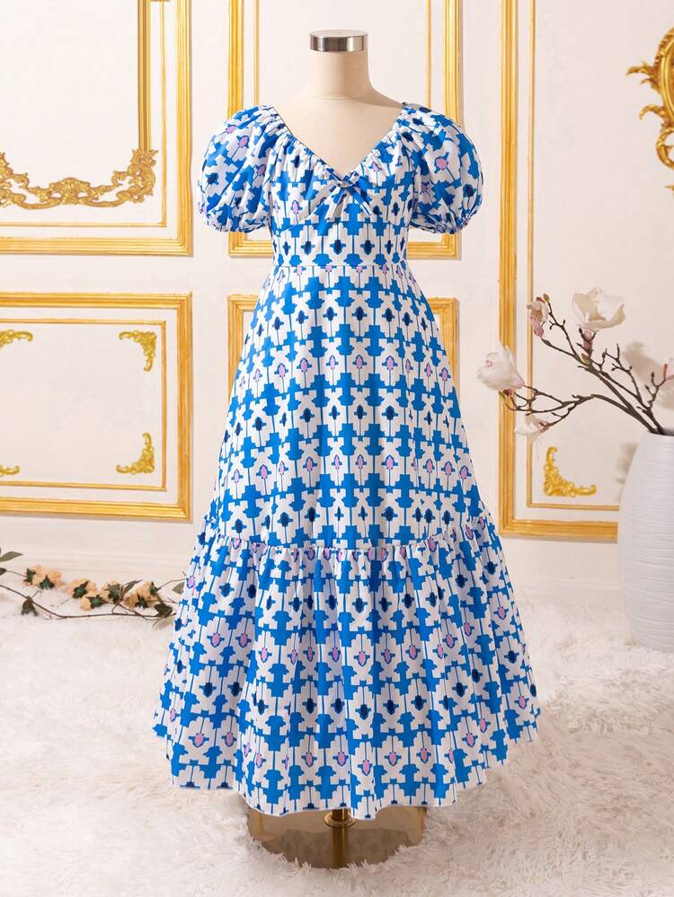 Tween Girls' Geometric Printed Bubble Sleeve Dress