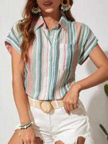 EMERY ROSE 條紋鈕扣前扣夏季女士襯衫,帶補丁口袋