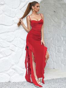 Sexy Slim Suspender Bandeau Backless Solid Color Pleated Ruffle Elegant Dress Woman