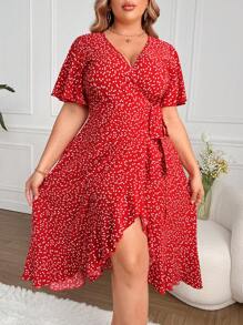 SHEIN SunnyBelle 大码女式红色背景心形印花裹腰荷叶边短袖连衣裙 - 彩色 - 查看 2