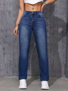 SHEIN EZwear Jeans De Pierna Recta Lavados Para Mujer