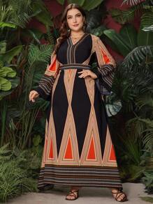 Al Najma Plus Size Women's Geometric Pattern Flare Sleeve Arabian Dress Kaftan Jalabiya Dress - Multicolor - View 1